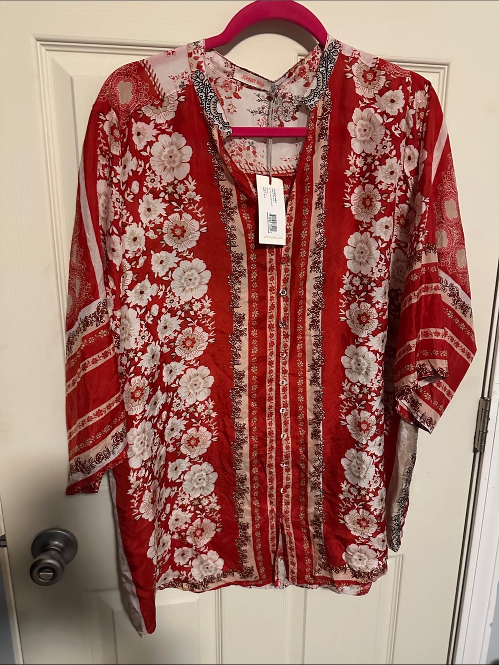 Johnny Was Red and White Floral Button-Down Shirt 100% silk